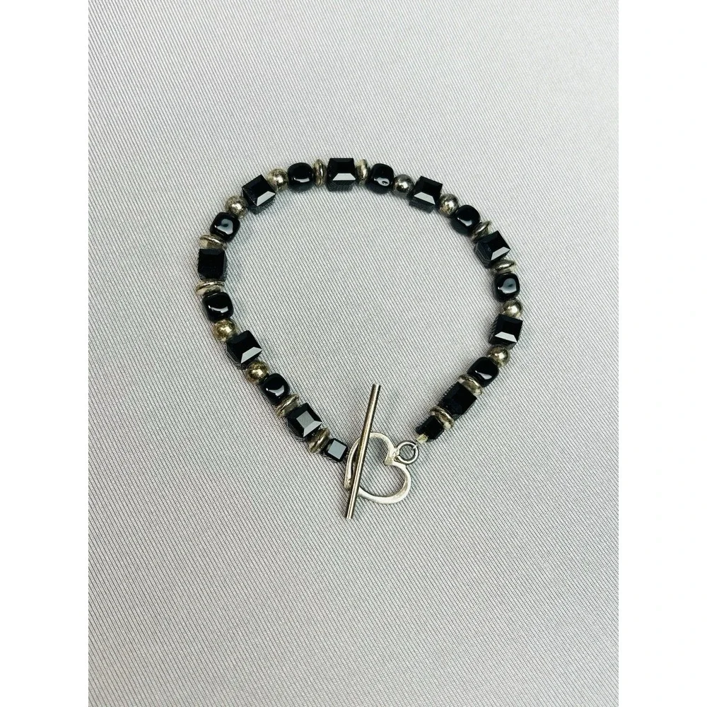 Sterling Silver Black Beaded Bracelet‎ With Heart Clasp READ